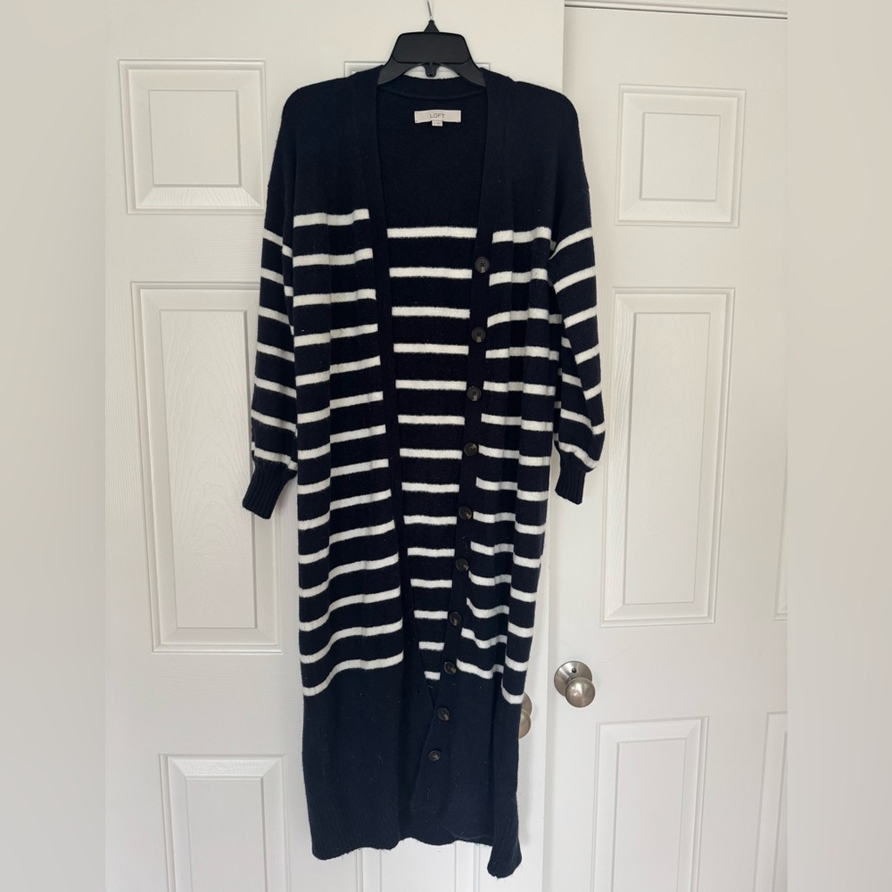 LOFT Navy and White Striped Cardigan